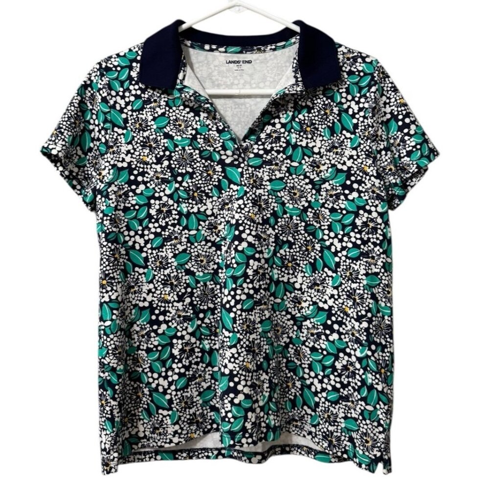 Lands' End Shirt Women Size M/P 10-12 Floral Short Sleeve Polo Collar Classic